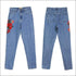 High Rise Straight Jeans Red Flower Embroider In Side Leg Design