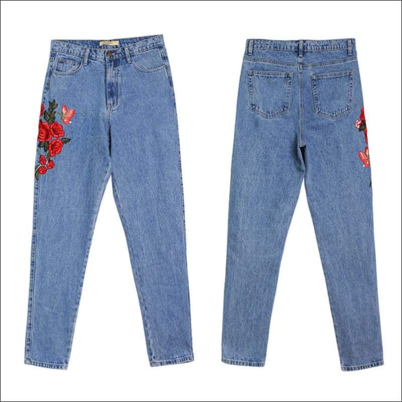 High Rise Straight Jeans Red Flower Embroider In Side Leg 