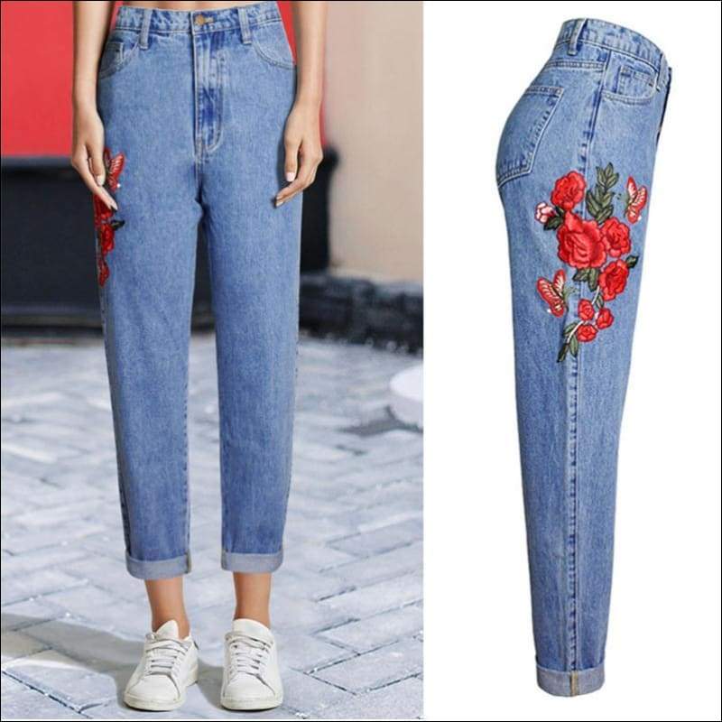 High Rise Straight Jeans Red Flower Embroider In Side Leg 