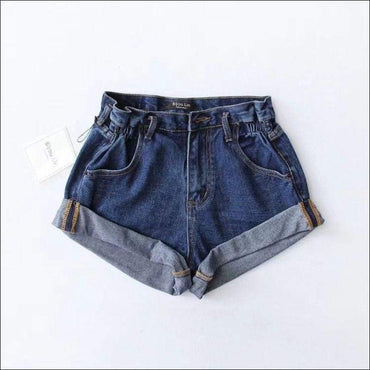 High-waisted Solid Color Turnup Loose Pattern Denim Shorts
