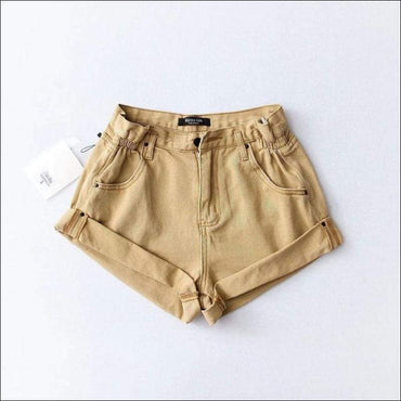 High-waisted Solid Color Turnup Loose Pattern Denim Shorts