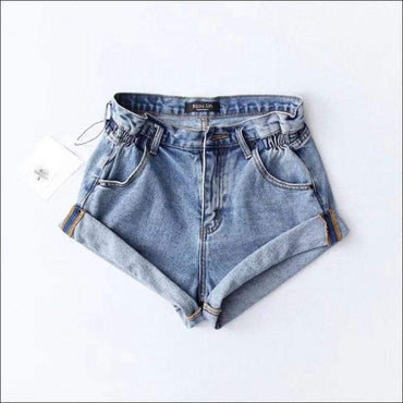 High-waisted Solid Color Turnup Loose Pattern Denim Shorts