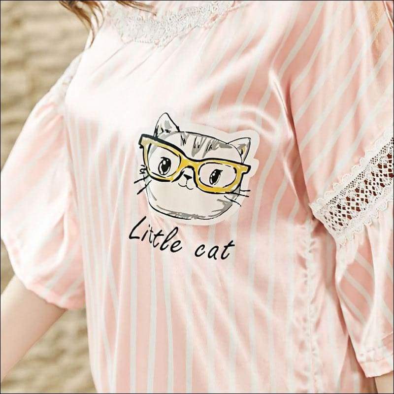 Home Wear Casual Stripe Pattern Short Sleeves Nightdress - 