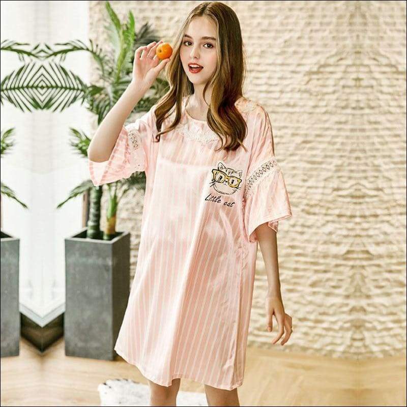 Home Wear Casual Stripe Pattern Short Sleeves Nightdress - M