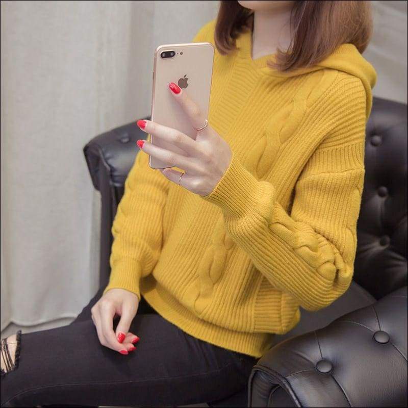 Hooded Design Long Sleeve Knitwear - F / Yellow - Petite 