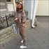 Hooded Drawstring Solid Color Short Top And Pants Casual Two Pieces Sets