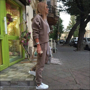 Hooded Drawstring Solid Color Short Top And Pants Casual Two Pieces Sets