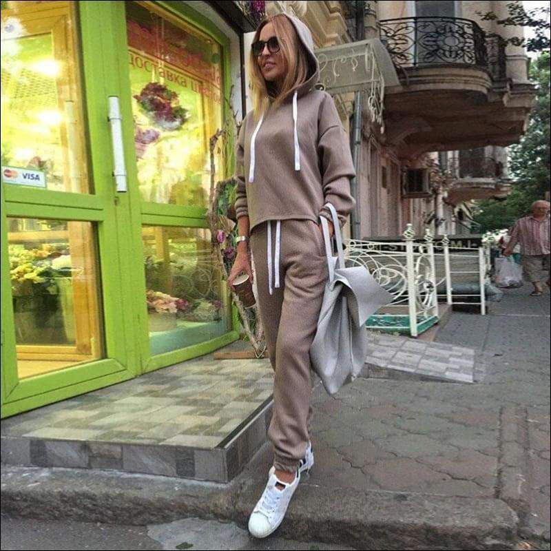 Hooded Drawstring Solid Color Short Top And Pants Casual Two