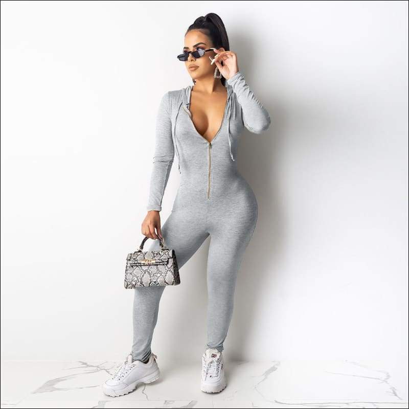 Hooded Zipper Long-sleeve Slim Jumpsuits - S / Grey - 