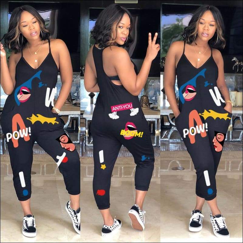 Individuality Print V-neck Sleeveless Sling - S / Black - 