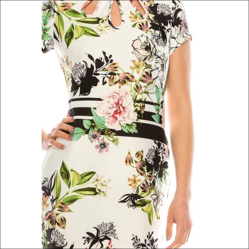 Ivory Black Multi Floral Printed Neoprene Sheath Dress - 