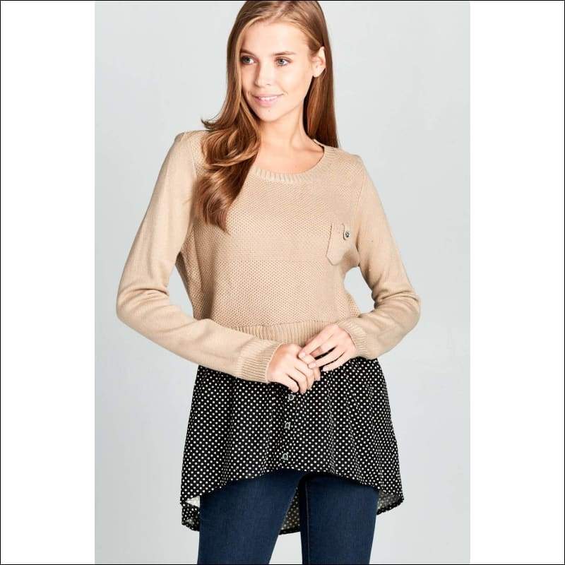 Knit Top With Bottom Polka Dot - LARGE / TAUPE - Women’s 
