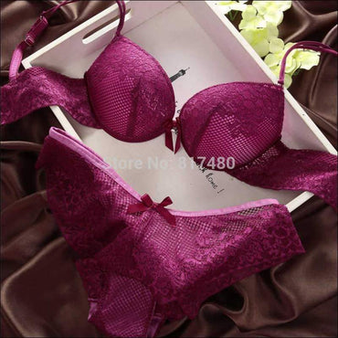 Lace Thin Deep V Solid Color Bra Panties Set