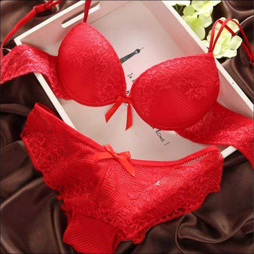 Lace Thin Deep V Solid Color Bra Panties Set