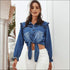 Lace-up Ruffled Lapel Collar Denim Blouse