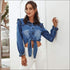 Lace-up Ruffled Lapel Collar Denim Blouse