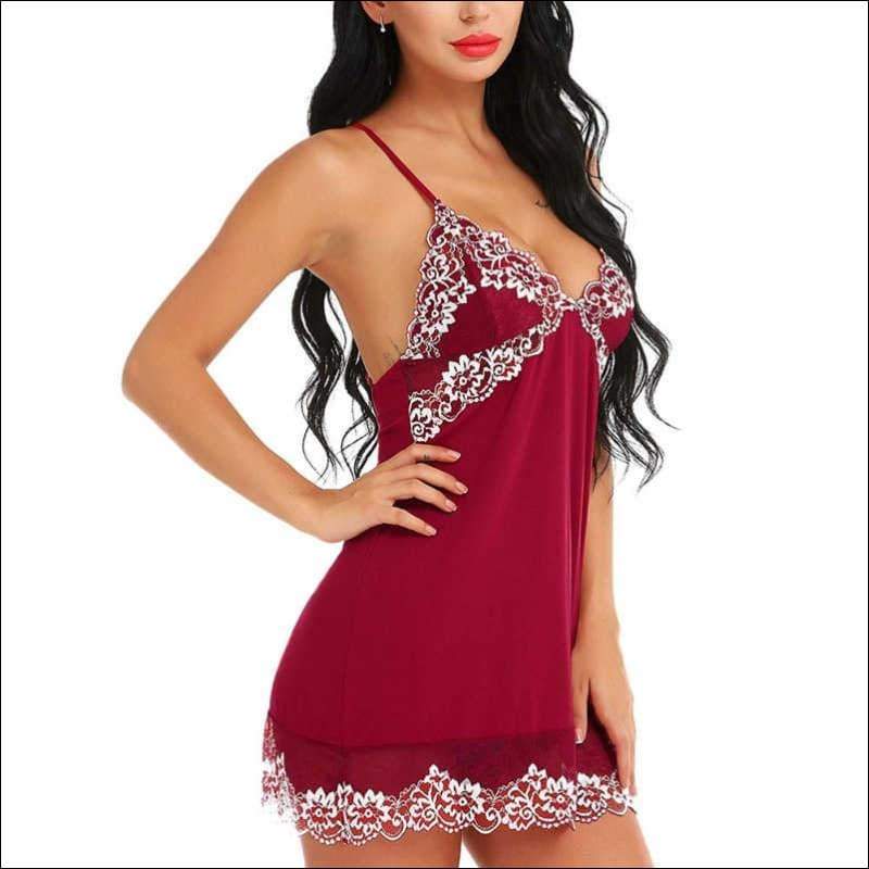 Lace V Neck Floral Pattern Sleepwear - S / Red - Lingerie & 