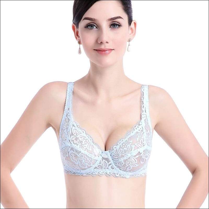 Ladies Full Lace Transparent Ultra-thin Bra - 75B / Blue - 