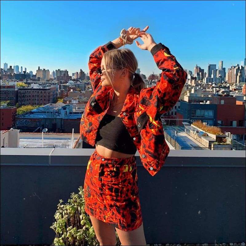 Lapel Fire Print Single-breasted Long-sleeve Coat And 