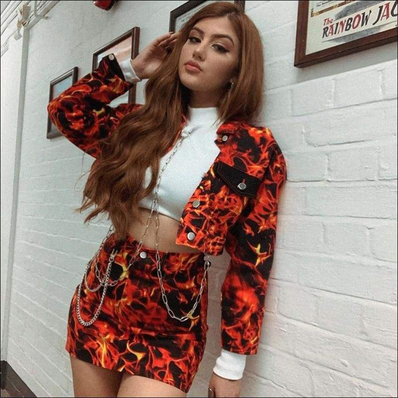 Lapel Fire Print Single-breasted Long-sleeve Coat And 