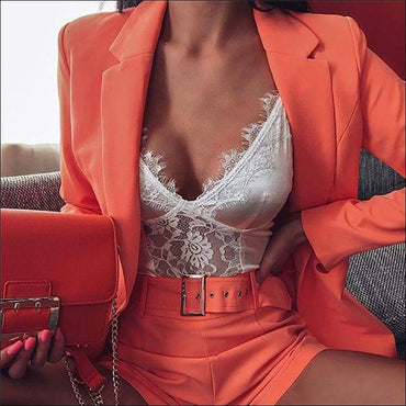 Lapel Long-sleeve Blazer Belt Decor High-waisted Shorts Suit Set