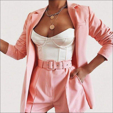 Lapel Long-sleeve Blazer Belt Decor High-waisted Shorts Suit Set