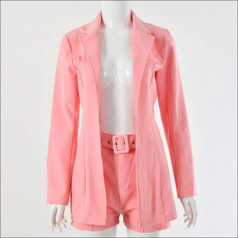 Lapel Long-sleeve Blazer Belt Decor High-waisted Shorts Suit