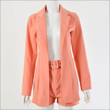 Lapel Long-sleeve Blazer Belt Decor High-waisted Shorts Suit Set