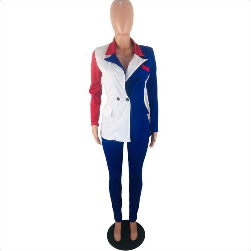 Lapel Patchwork Long-sleeve Coat And Slim Pants - Sets 