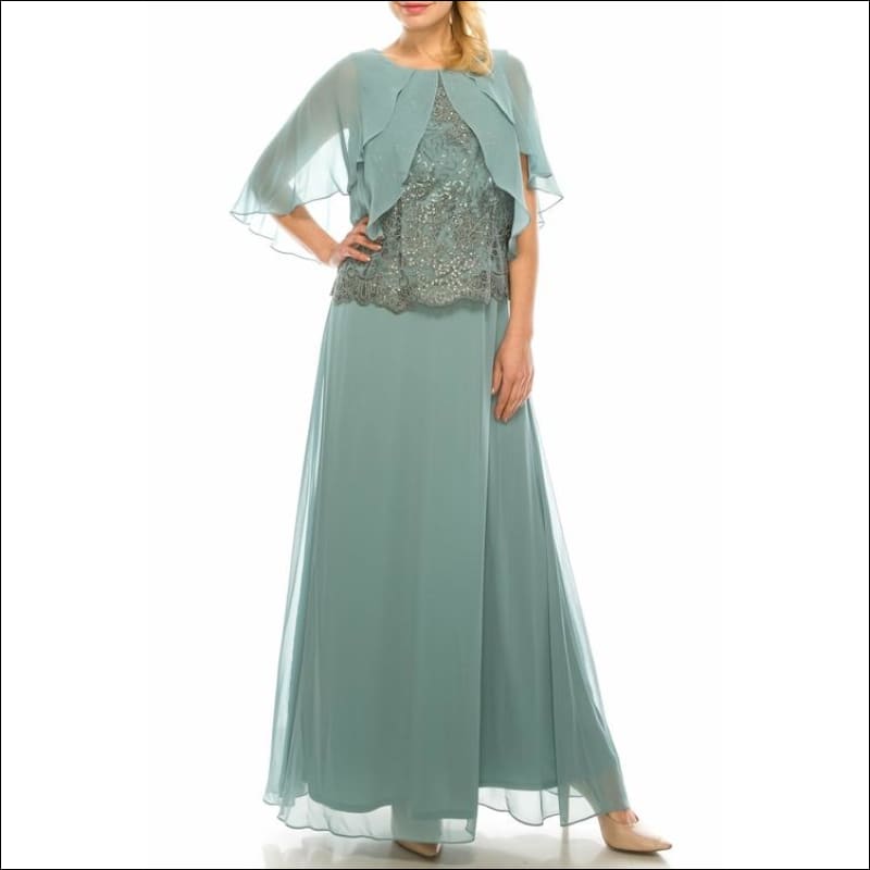 Le Bos Cool Sage Mesh & Chiffon Long Evening Cape Dress - 10