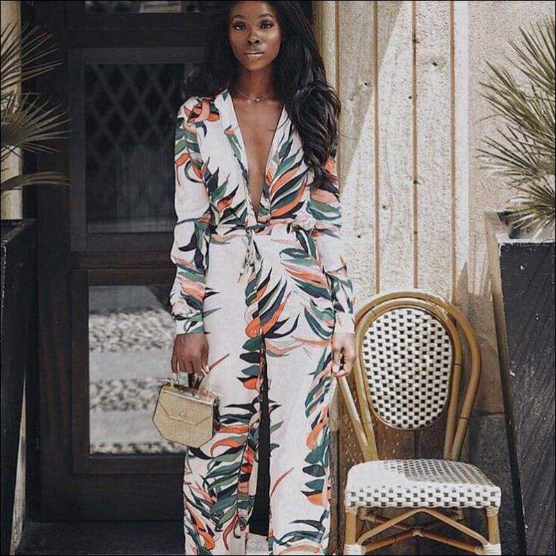 Leaf Print Defined Waist V-neck Long-sleeve - S / White - 