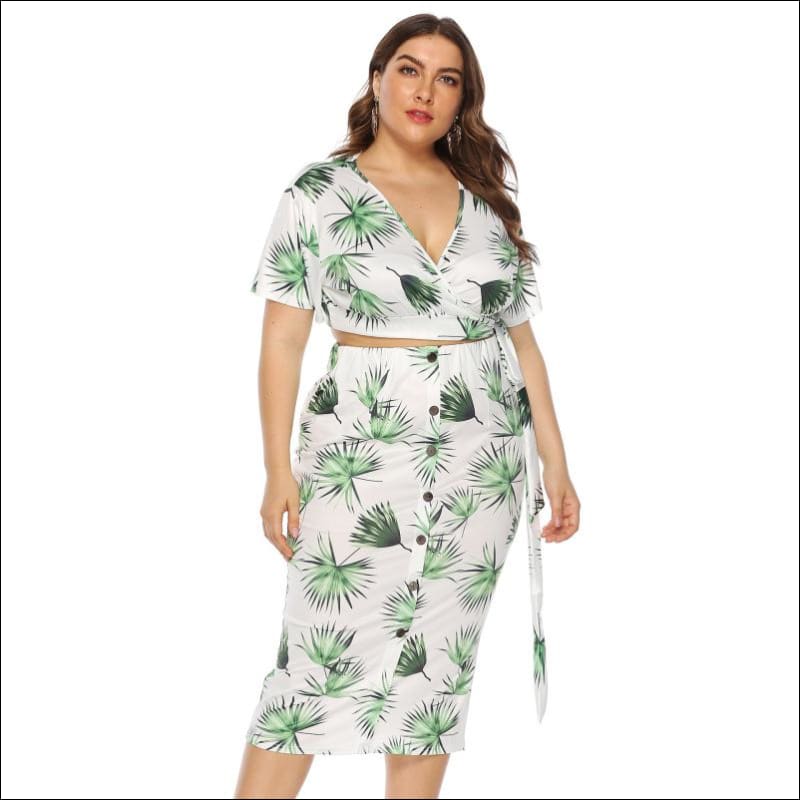 Leaf Print V-neck Lace-up Top And Single-breasted Bodycon 