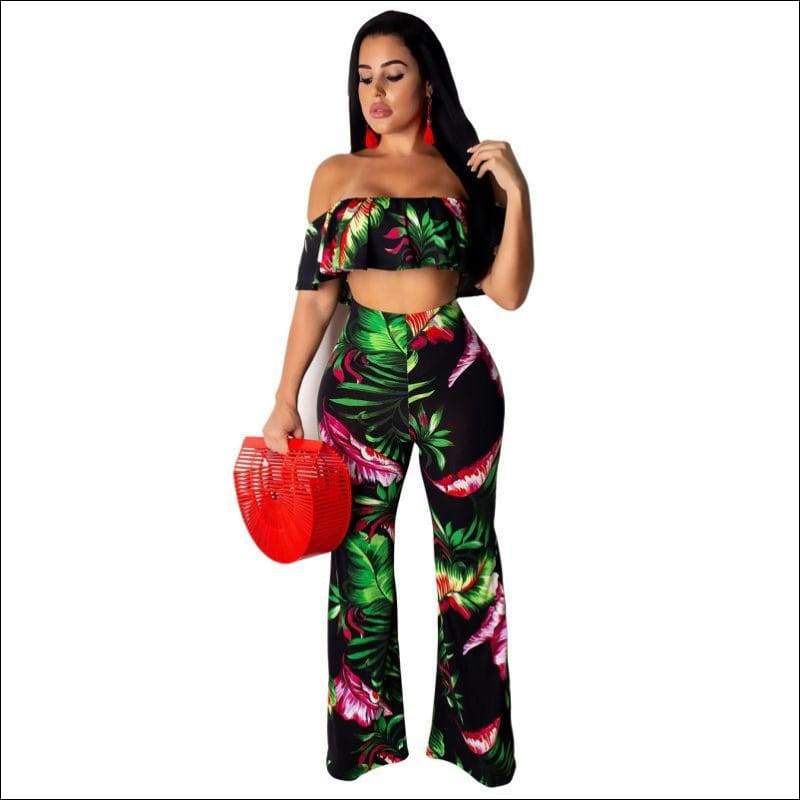 Leaves Print Off-the-shoulder Ruffled Crop Top Wide Leg 