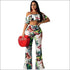 Leaves Print Off-the-shoulder Ruffled Crop Top Wide Leg Pants Set