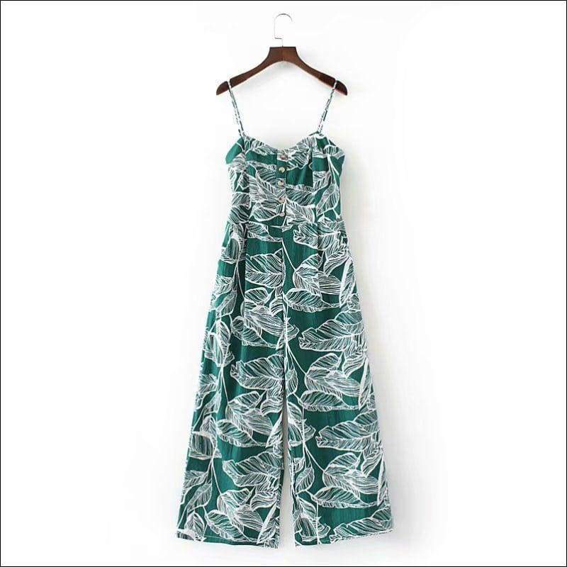 Leaves Printed Sleeveless Loose Jumpsuits - Jumpsuits