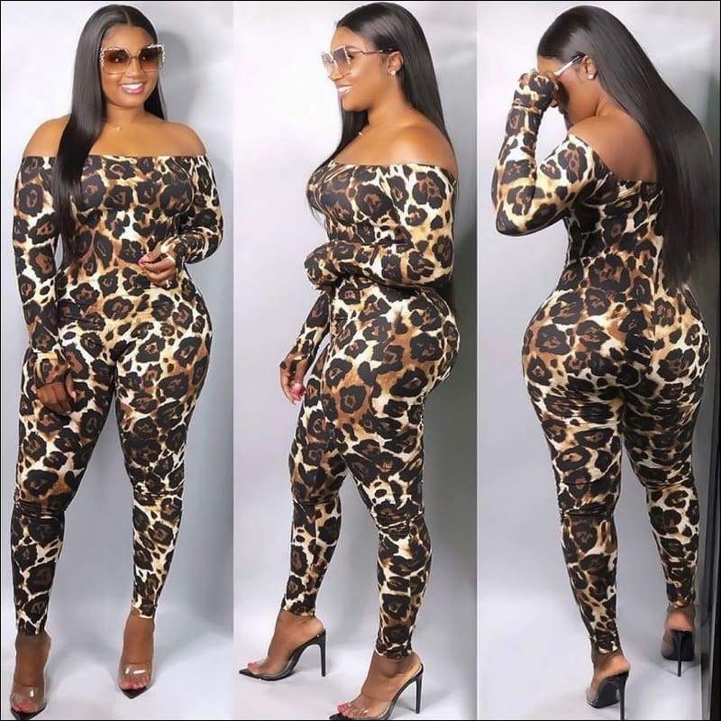 Leopard Long-sleeve Tight Off Shoulder Jumpsuits - Jumpsuits