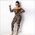 Leopard Long-sleeve Tight Off Shoulder Jumpsuits