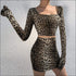 Leopard Long-sleeve Top And Bodycon Skirt Two Pieces Sets