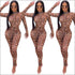 Leopard Mock Neck Long-sleeve Tight Jumpsuits