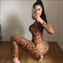 Leopard Mock Neck Long-sleeve Tight Jumpsuits
