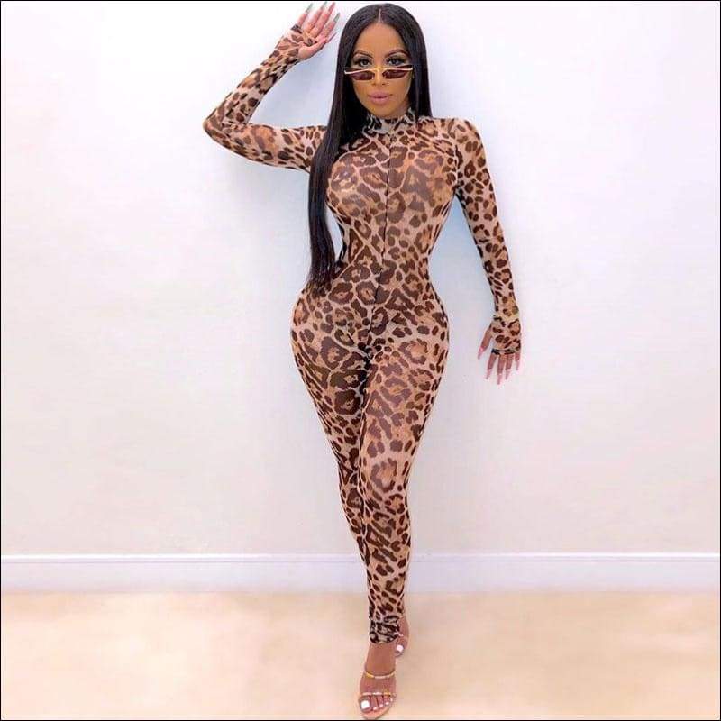Leopard Mock Neck Long-sleeve Tight Jumpsuits - X / Leopard 