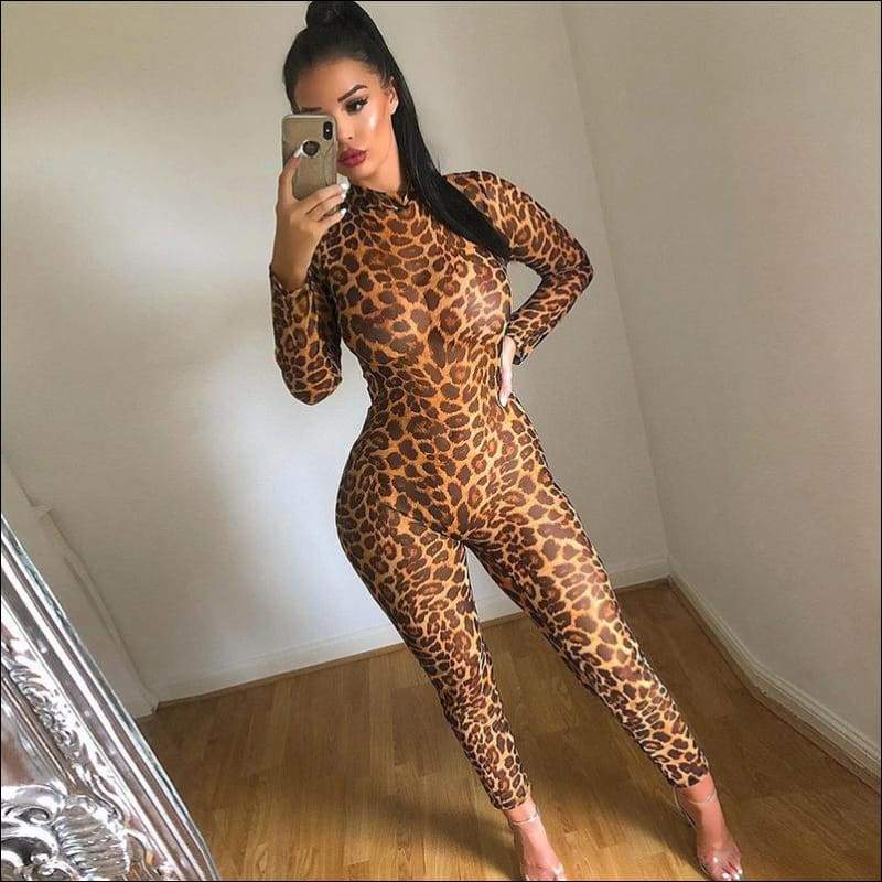 Leopard Mock Neck Long-sleeve Tight Jumpsuits - XS / Leopard