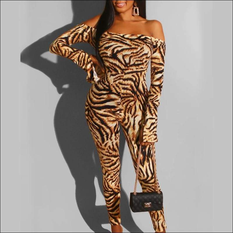 Leopard Off-the-Shoulder Long Sleeve Jumpsuits - S / Leopard