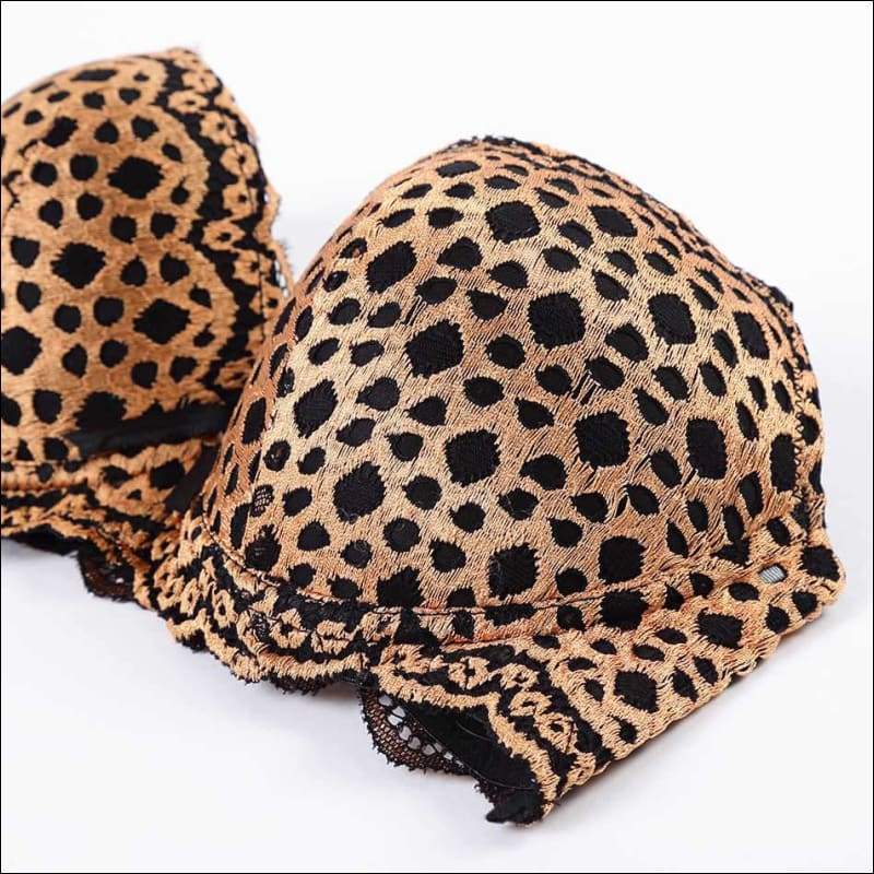 Leopard Push Up Bra And Lace Hollow Out Underwear Panty Set 