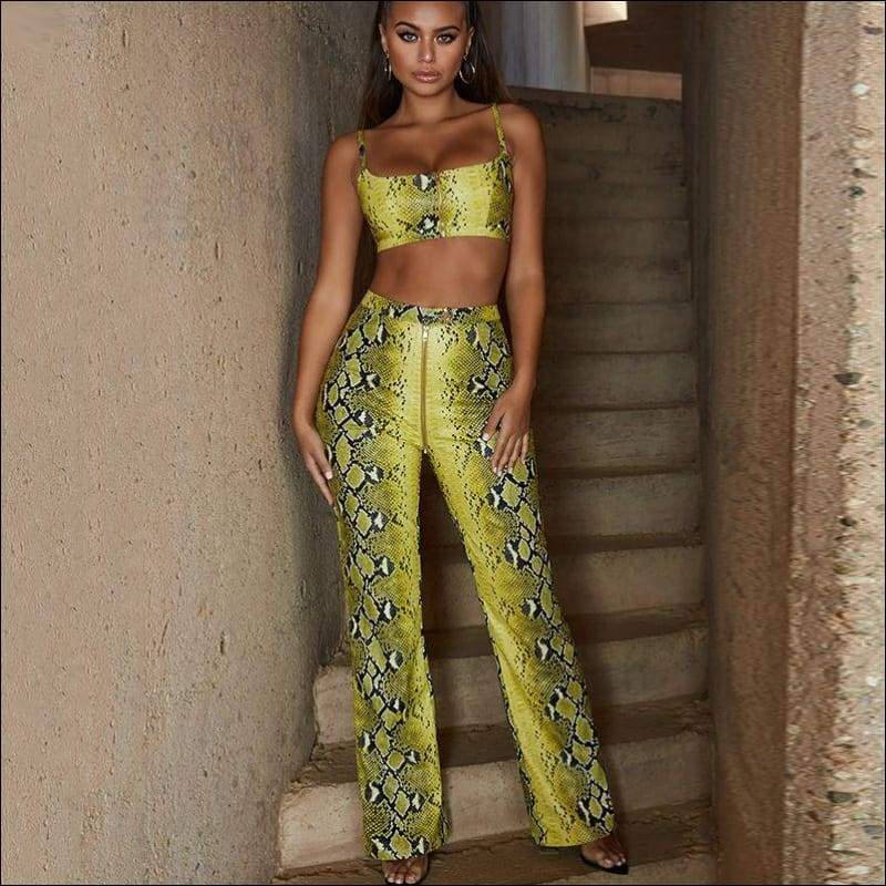 Leopard Tank Top Flare Pants Two-piece Set - M / Yellow - 