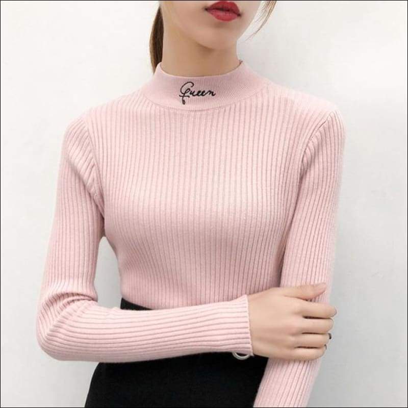 Letter Embroidery Mock Neck Knitwear - Pink - Petite Tops