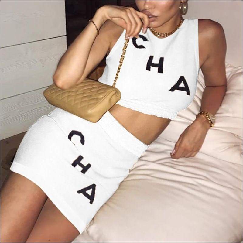 Letter Print Cropped Tank Top Tight Skirt Knitted Two-piece 