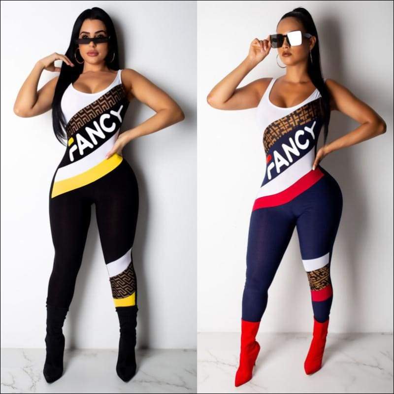 Letter Print Sleeveless Tight Jumpsuits - Jumpsuits