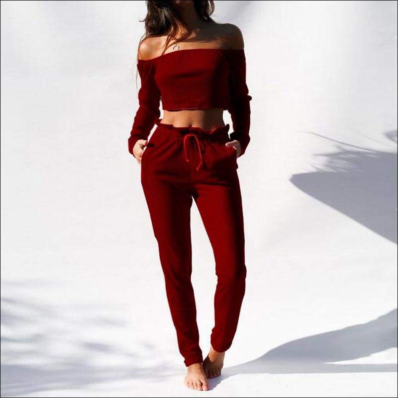 Long-sleeve Crop Top And Pants Knit Two Pieces Sets - XL / 