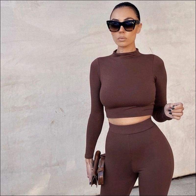Long-sleeve Crop Top And Tight Pants Casual Two Pieces Sets 
